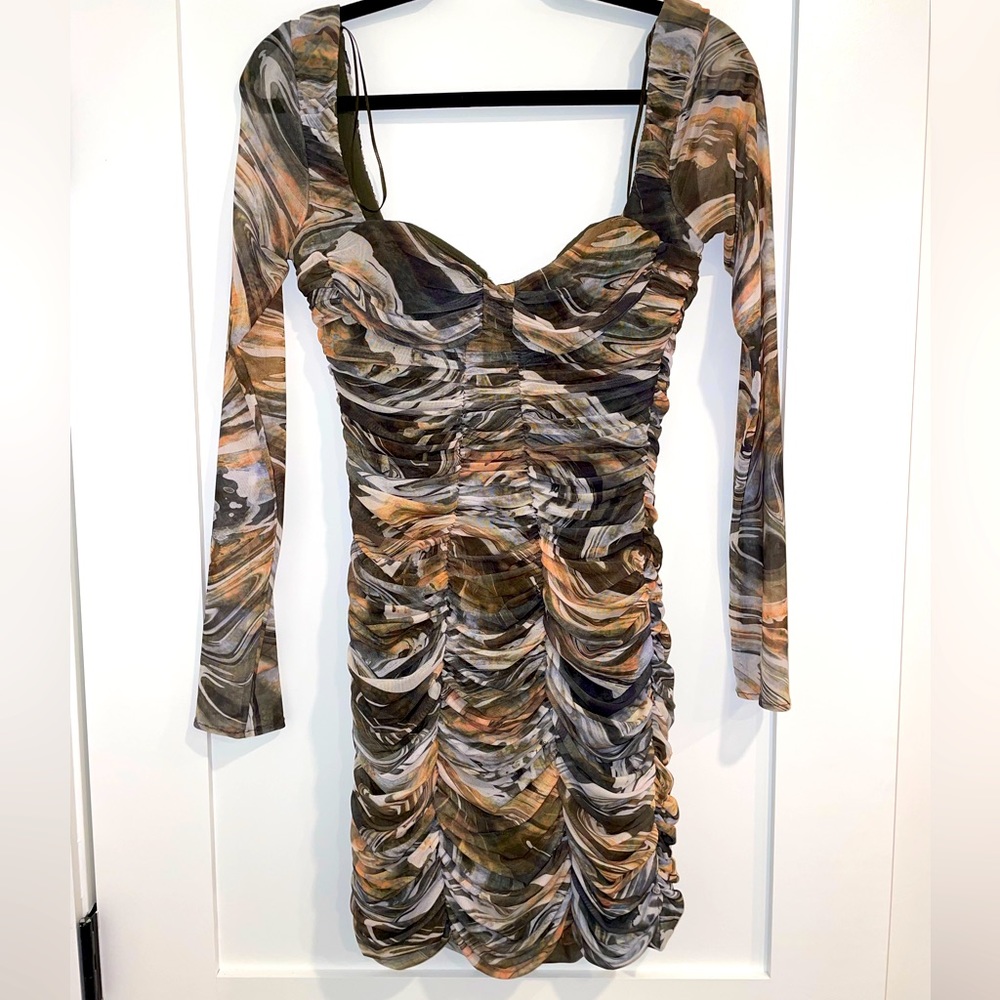 Zara Army Green Mesh Long Sleeved Mini Dress